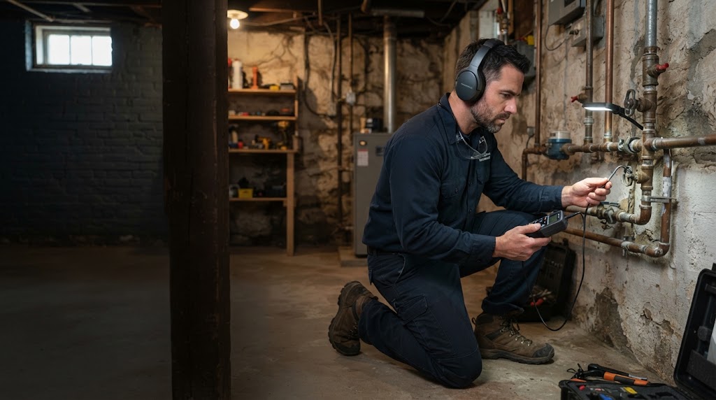 Specialist using acoustic ground sensors for leak detection Willingboro NJ