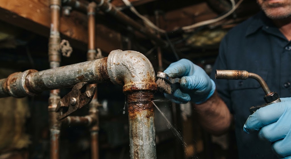 Inspecting corroded copper joint for pipe leak repair Willingboro NJ