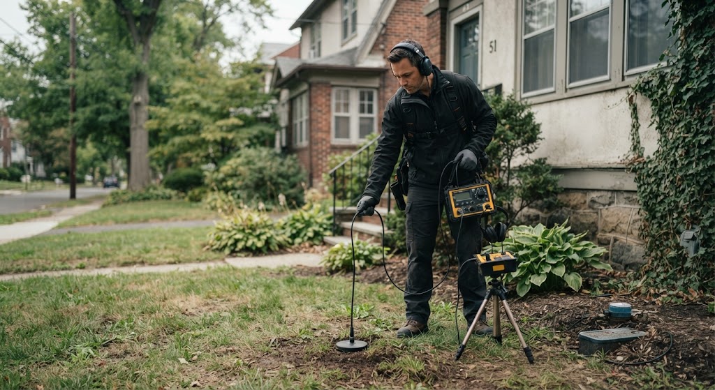 Specialist using acoustic sensors for underground water line leak detection Willingboro NJ
